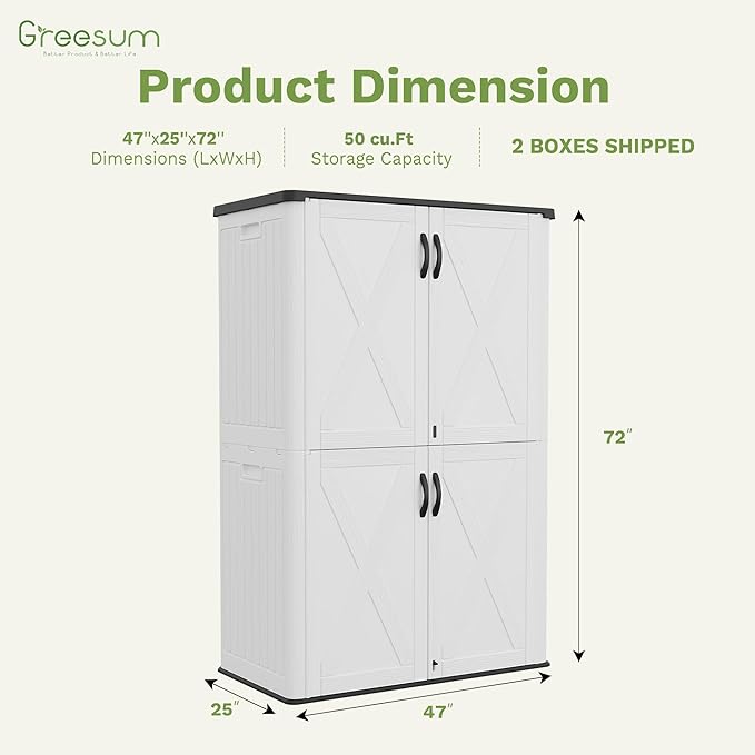 Greesum Outdoor Storage Cabinet, 50 CUFT Deck Box Without Shelves, Waterproof Plastic Storage Shed for Patio Cushions, Gardening Tools, Lockable and Sidehandles, UV Resistant, White