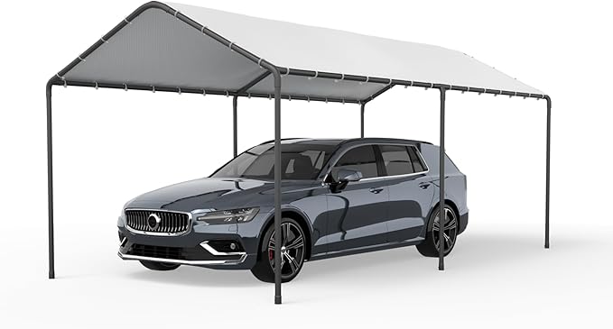 Carport, 10‘ x 20’ Heavy Duty Portable Garage All-Season Car Canopy, Outdoor Garage Boat Shelter Carport Canopy Party Tent w/Water-Resistant Tarp for Backyard (White, 10' x 20' /no Side)