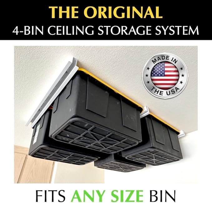 E-Z Garage Storage Overhead Bin Storage Rack Organization System - Store 4 Bins on Garage Ceiling/Adjustable to Fit Any Size Tub - Made In USA