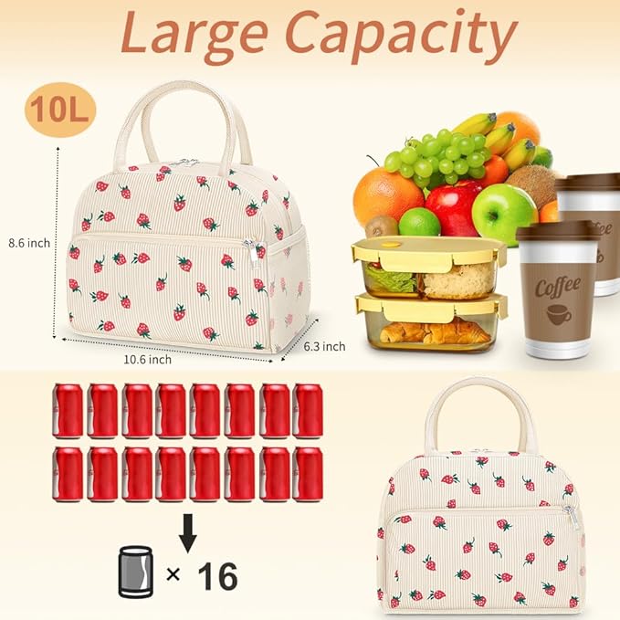 Coobiiya Corduroy Lunch Bag Lunch Box for Women Men, Cute Strawberry Lunch Tote Bags Insulated Reusable LunchBox Large Capacity Cooler Bag for Work Travel Picnic