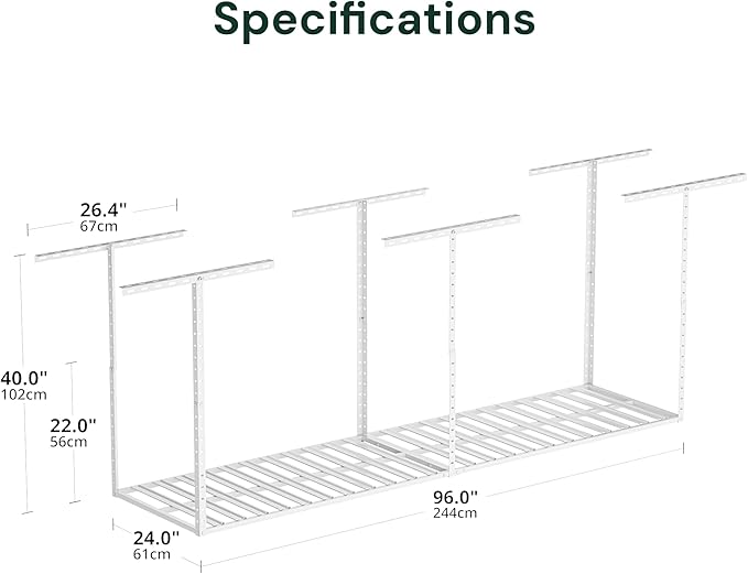 SunsGrove 2x8 Garage Overhead Storage Rack, Adjustable Heavy Duty Hanging Garage Storage Shelves, Ceiling Mounted Storage Racks, 800LBS Weight Capacity, 22"-40" Ceiling Dropdown, 2 Packs, White