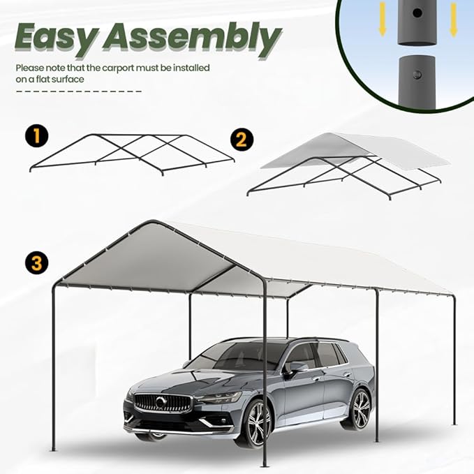 Carport, 10‘ x 20’ Heavy Duty Portable Garage All-Season Car Canopy, Outdoor Garage Boat Shelter Carport Canopy Party Tent w/Water-Resistant Tarp for Backyard (White, 10' x 20' /no Side)
