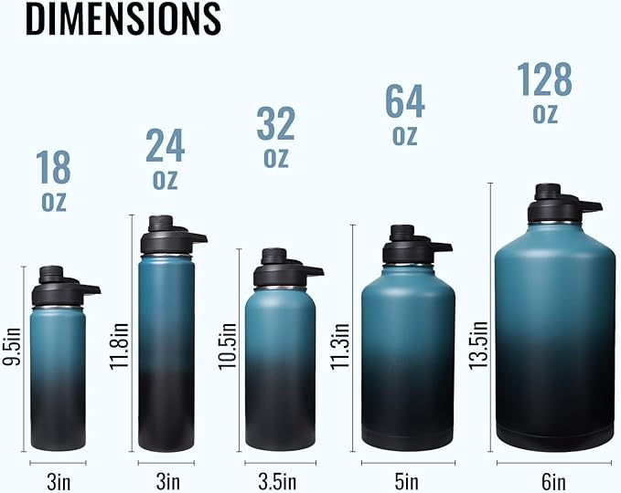 Half Gallon Water Bottle with 2 Lids (Straw & Spout), 304 Stainless Steel Sports Insulated Bottle with Handle, 64 oz Vacuum Double Walled Water Jug with Wide Mouth, BPA Free, Blue&Black