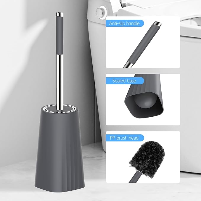 SetSail Toilet Brush, Compact Size Toilet Bowl Brush and Holder Toilet Brushes for Bathroom with Stainless Steel Handle Toilet Cleaner Brush with Durable Scrubbing Bristles, 4 Packs, Gery