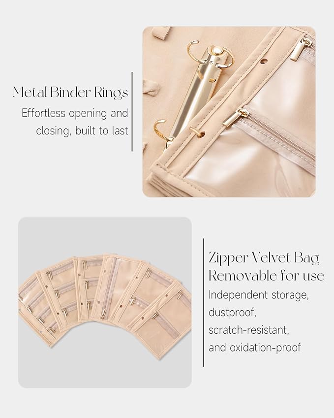 CASEGRACE Travel Jewelry Organizer Case,Portable Jewelry Storage Book Ring Binder with 6 Clear Zipper Velvet Jewelry Pouch for Earrings, Rings, Necklaces Ideal Gift for Women (Beige White)