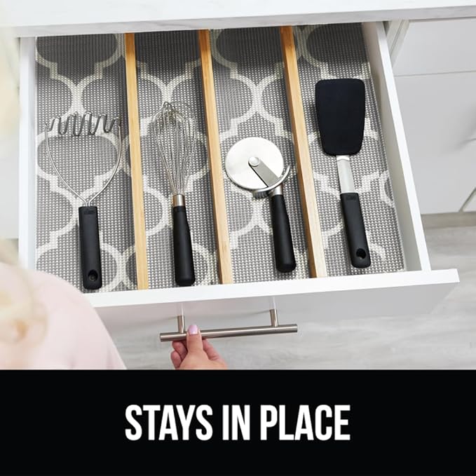 GORILLA GRIP powerGRIP Drawer Shelf and Cabinet Liner, Thick Strong Hold, Non-Adhesive Liners Protect Kitchen Cabinets and Cupboard, Bathroom Drawers, Easy Install, Breathable Mat, 12" x10' Quatrefoil