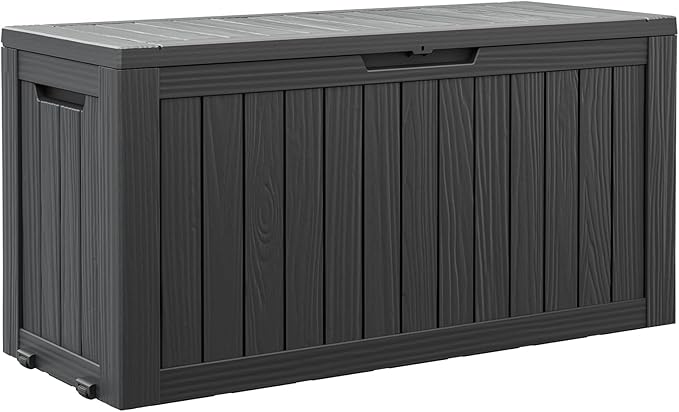 82 Gallon Outdoor Storage Box, Resin Deck Boxes Outdoor Waterproof For Patio Furniture, Garden Tools, Pool Supplies, Lockable And UV Resistant (Striped Black)
