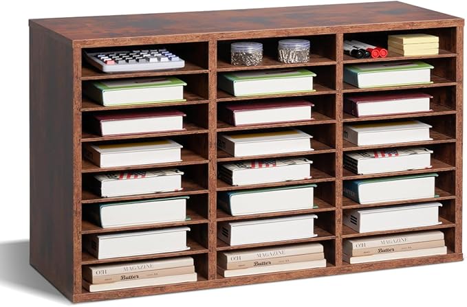 VEVOR Literature Organizer, 24 Compartments Office Mailbox with Removable Shelves, Wooden Mailbox Sorter Particle Board Office Home Classroom Storage, File Sorter for Documents, Papers, Dark Brown