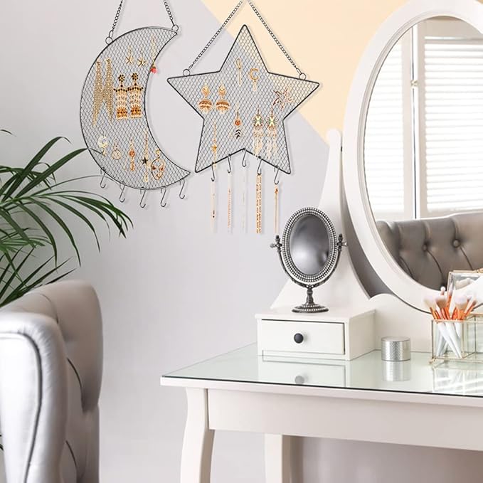 Eforcase Earring Wall Holder Hanging Jewelry Storage Organizer, Metal Grid Star Shape Jewelry Rack Hanging Jewelry Organizer Gift for Women and Girls