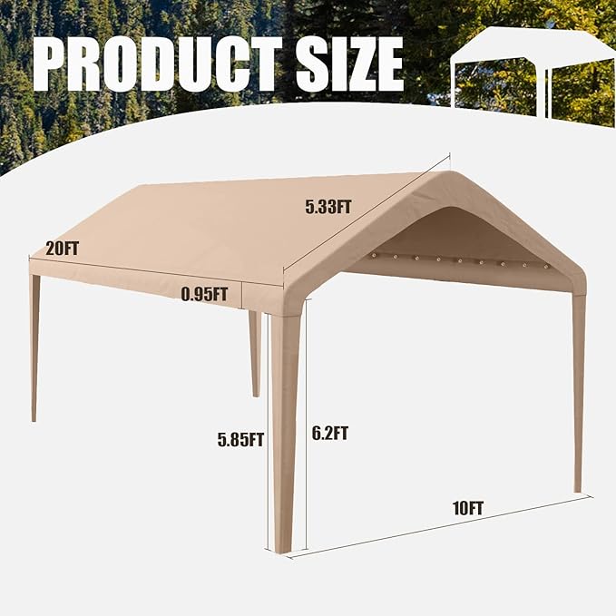 Carport Replacement Canopy Cover 10'x20' for Tent Top Garage Shelter Cover with Ball Bungees, 800D Oxford Replacement Cover Waterproof & UV Protection, Not Included Frame (Light Brown)