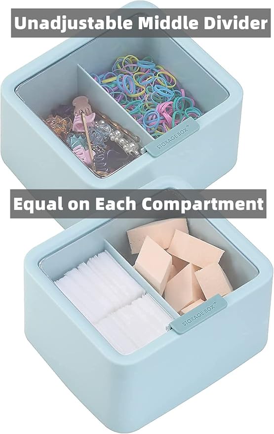 Tecbeauty 2pcs Qtips Holder - Middle Divider Cotton Pads Storage Dispenser Bathroom Organizer with Clear Hinged Lids for Cotton Balls Swabs Rounds-White & Blue