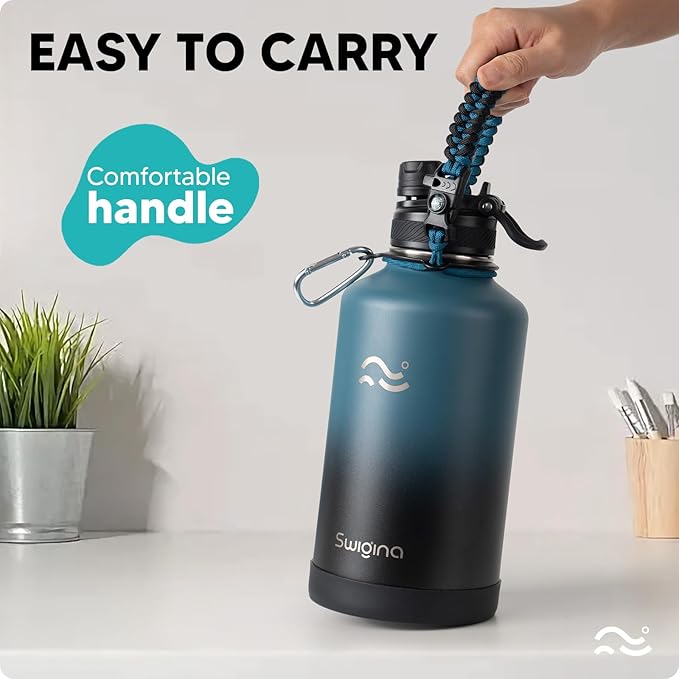 [2-IN-1 LID] 64 oz Insulated Water Bottle with Silicone Boot (48hrs Cold/24hrs Hot) - DIY Stickers, Leakproof, BPA Free, Half Gallon