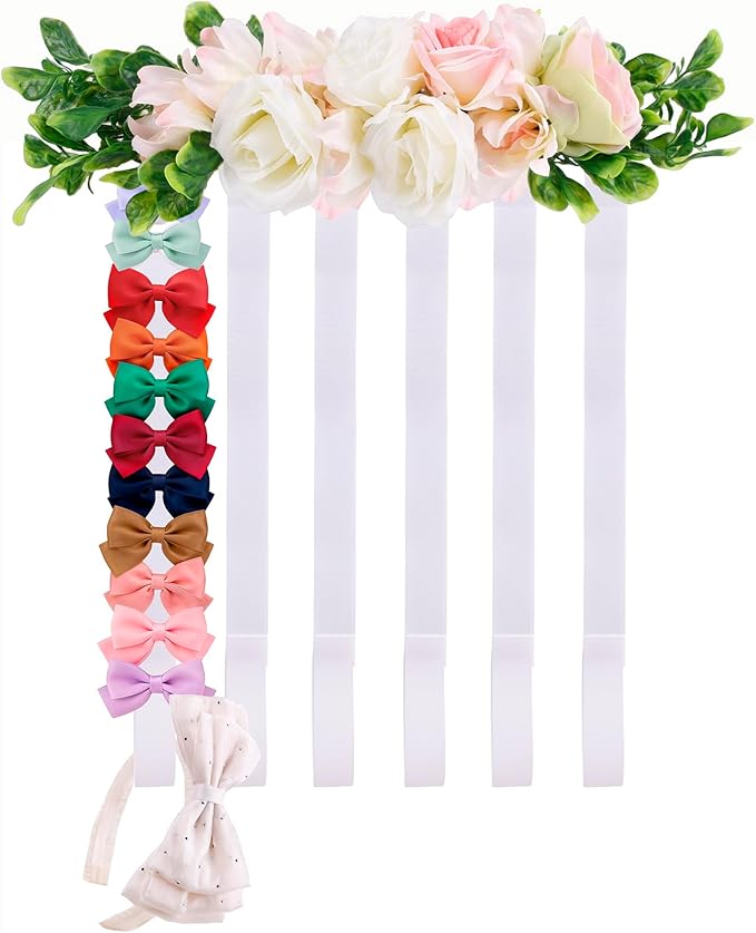 Hair Bows Holder Headband Organizer for Girls,Baby Hair Accessories Organizer Hair Clips Hanger Storage with Hooks, Wall Hanging Decor for Nursery Room (FB-GJ-White, JS95*38CM)
