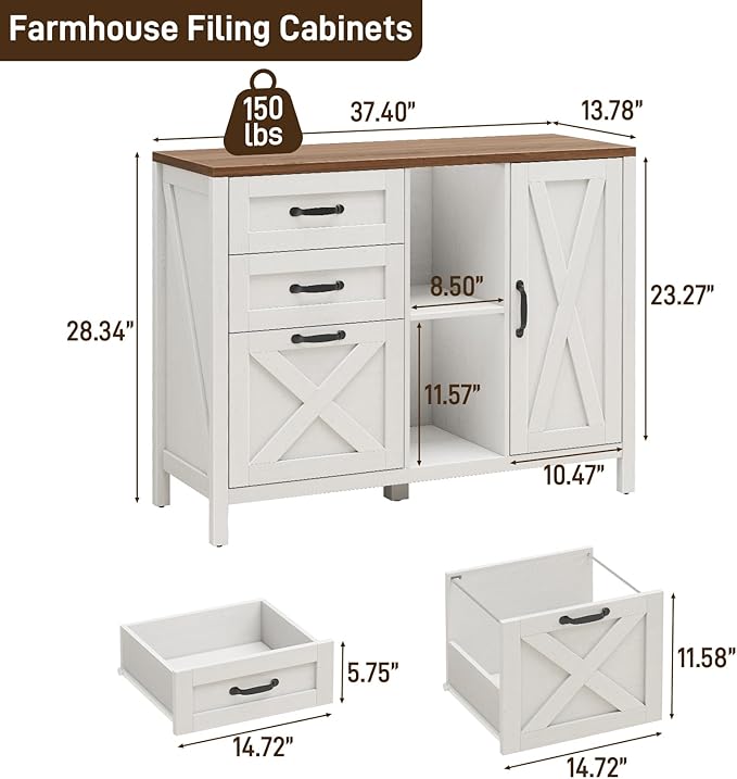 3 Drawer File Cabinet, Farmhouse Style Lateral Filing Cabinet Suitable for Letter or A4 Size Files, Wooden Home Office Storage with Adjustable Shelf and Printer Stand, White
