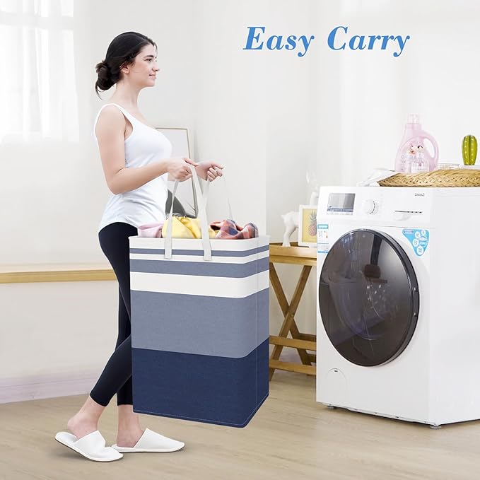 BlissTotes 3-Pack Laundry Basket, Freestanding＆Waterproof Laundry Hamper, Collapsible Tall Clothes Hamper with Easy Carry Handles for Clothes, Towels in the Family and Dorm,Gradient Blue,125L
