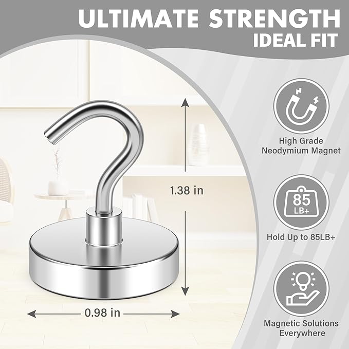Magnetic Hooks for Cruise Cabins, 85lbs Silver Magnetic Hooks for Classroom, Magnets for Whiteboard, Kitchen, Grills, Office, Fridge, Home, Kitchen Accessories, 8 Pack