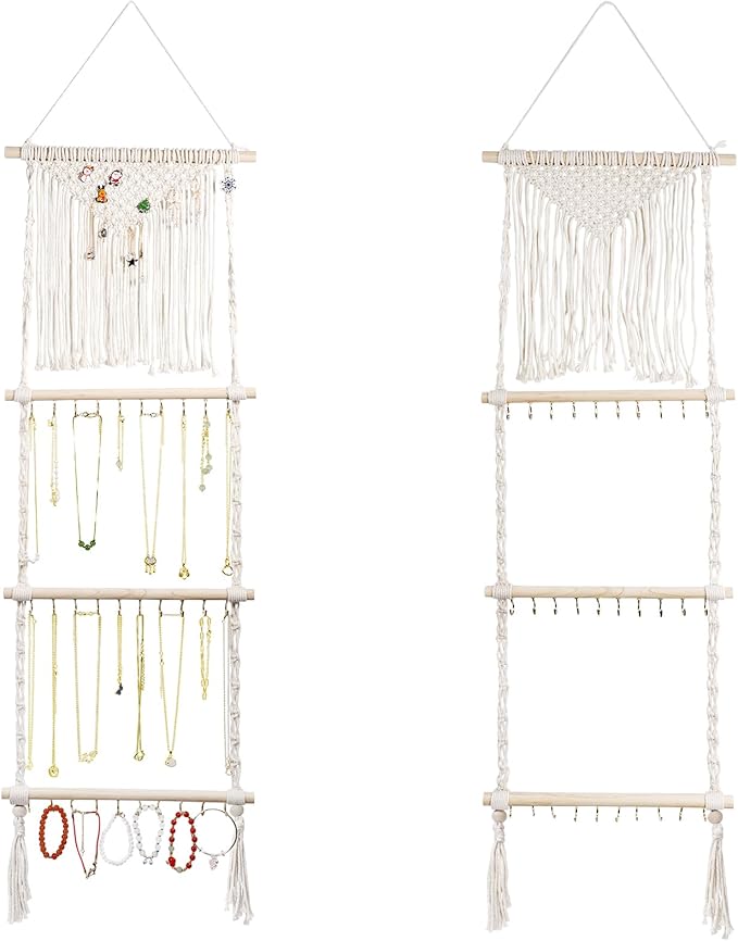 Hanging Jewelry Organizer, Boho Macrame Necklace Hanger Wall Mounted with 30 Hooks,Door Hanging Jewelry Holder with Tassel for Necklaces Display Organizer(Necklace Holder)