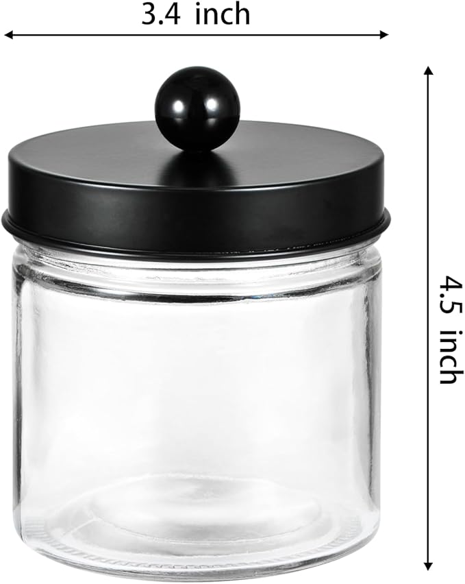 SheeChung Bathroom Organizers and Storage - 4Pack Qtip Holders Bathroom Canister Apothecary Jars for Cotton Swabs, Rounds, Balls, Qtips,Makeup Sponges, Flossers,Bath Salts - Black