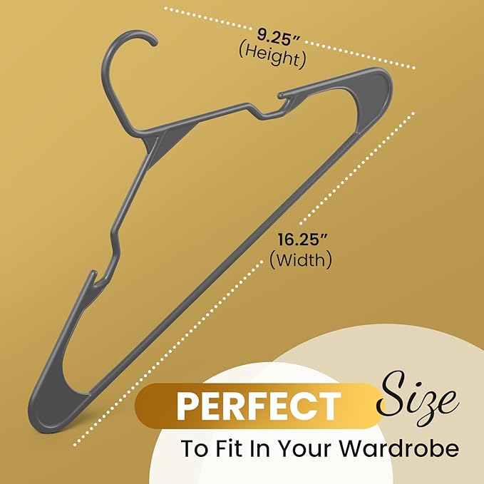 200 Pack Plastic Hanger for Shirt Pants Coats Dresses Skirts Suits Jackets - Standard Thick Coat Hanger - Sturdy & Durable Design with Shoulder Grooves Hook - Grey