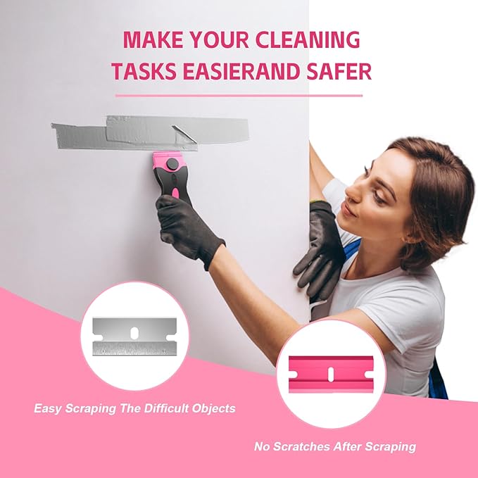 3 Pack Razor Blade Scraper Set, Includes 30 Plastic & 30 Metal Blades, Multi-Purpose Tool for Glass, Cooktop, Sticker Removal, Paint & Gum Cleaning (Pink)