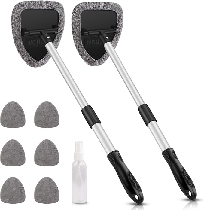 AstroAI Windshield Cleaning Tool, Car Window Cleaner Windshield Cleaner with 8 Reusable and Washable Microfiber Pads and Extendable Handle Auto Inside Glass Wiper Kit, Gray, 2 Pack