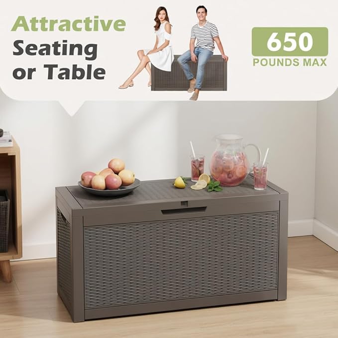 71 Gallon Outdoor Storage Box, Resin Deck Boxes Outdoor Waterproof For Patio Furniture, Garden Tools, Pool Supplies, Lockable And UV Resistant (Rattan Gray)