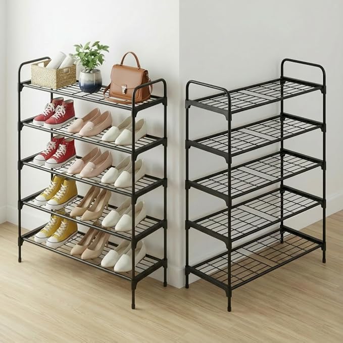 5-Tier Shoe Rack Organlzer, Rustproof lron, Spaclous Shoe Storage Shelf for Closet or Entryway, Fits Sneakers & Slippers, Black