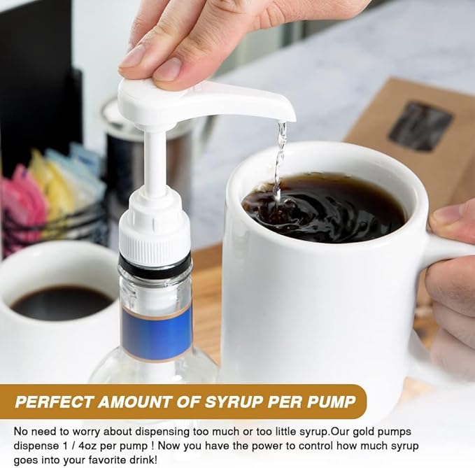 12 Pcs Syrup Pumps Dispenser, Compatible with 25.4 Oz/750ml Bottles, Great for Home & Coffee Bar Drinking Mixes, Tea, Beverage, Cocktails, Plus Spoons(Gold 5.23")