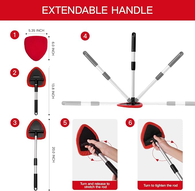 11pcs Windshield Cleaner Tool, Car Window Cleaning Wash Kit with 6 Reusable Microfiber Pads 2 Spray Bottles and Extendable Handles Auto Glass Wiper Kit, Red