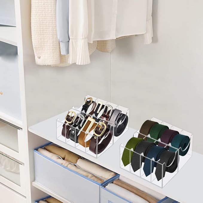 Acrylic 8 Compartment Belt Organizer - Clear Display Case for Closet Tie, Bow Tie, Watch, Jewelry, Bracelets, Ring