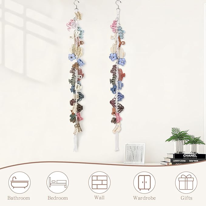 SNOWSTAR Macrame Hair Claw Clip Organizer with Rotating Hook and 20 Metal Rings,Hanging Hair Clip Holder and Storage for Women Girls,Claw Clips Hanger Home Decor for Wall,Door,Closet