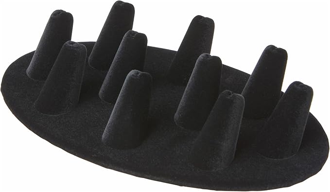 Plymor Black Velvet Ring Finger Display, Ten on Oval Base, 7.5" W x 4.5" D x 1" H