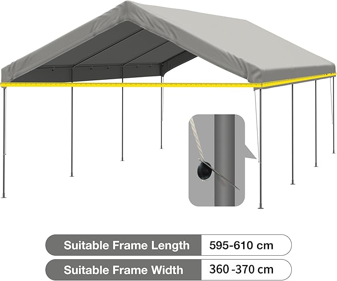 12x20 FT Carport Replacement Canopy Top Upgraded Car Port Canopy Cover for Carport Party Tent Waterproof & UV Protected, Easy Installation with Ball Bungees, Grey (Top Cover Only, Frame Not Included)