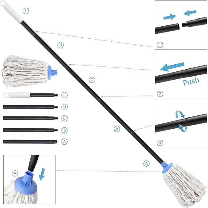 Indoor Mop for Floor Cleaning - Cotton Mops for Floor Cleaning, Regular Mop for Floors, 49-inch Simple Mops for Cleaning Living Rooms, Bathrooms, and Kitchens. (White&Blue)