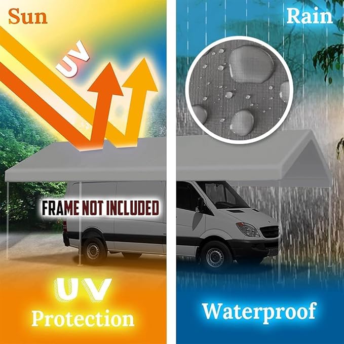 Rutile 12 x 20 FT Carport Replacement Cover, Heavy Duty Car Tarp Canopy Tent Replacement Top w/Ball Bungees Gray (Only Top Cover, Frame is not Included)