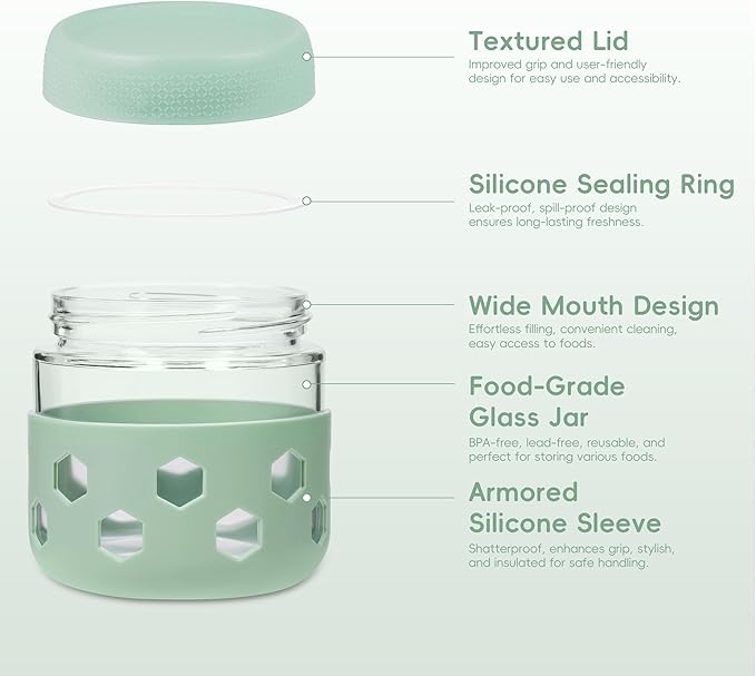 Gemice 6-Pack 10 oz Overnight Oats Containers with Lids and Silicone Sleeves, Glass Mason Jars with Airtight Lid, Dishwasher Safe, Wide Mouth Chia Seed Pudding Meal Prep Jar for Yogurt Berries Snack