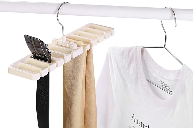 10 Slot Tie Belt Scarf Rack Organizer Sturdy Plastic Closet Wardrobe Space Saver Multifunctional Rotating Hanger for Ties Belts Scarves Accessories Black Brown Beige 30.5 x 7.3 x (Beige)