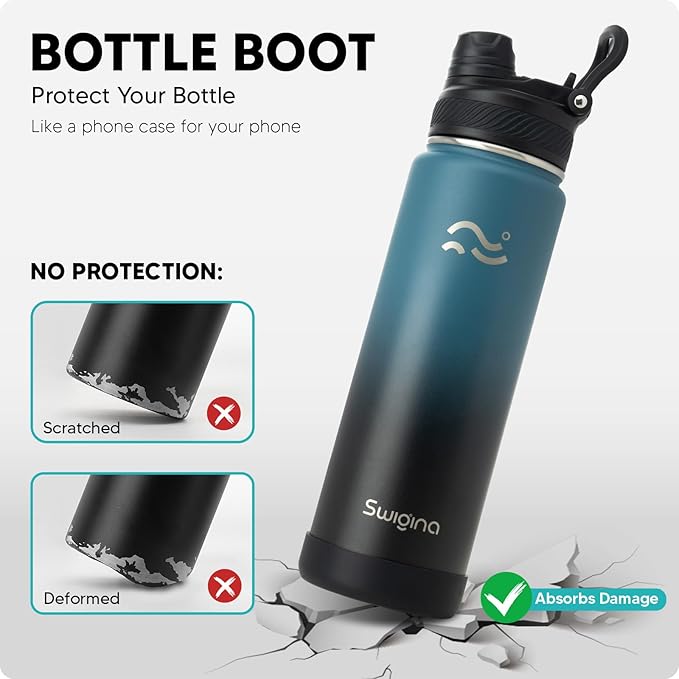 [2-IN-1 LID] Insulated Water Bottle with Silicone Boot (36hrs Cold/18hrs Hot) - DIY Stickers, Leakproof, BPA Free, 24 oz