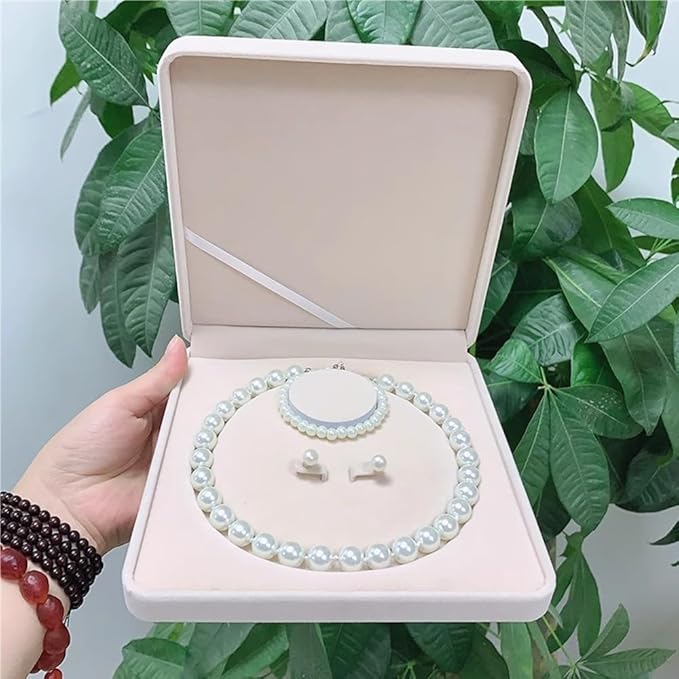 Jewelry Velvet Box Pearl Necklace Earring Bracelet Gift Display Case Wedding Jewelry Storage Holder (Beige For Pearl Necklace Earrings Bracelet)