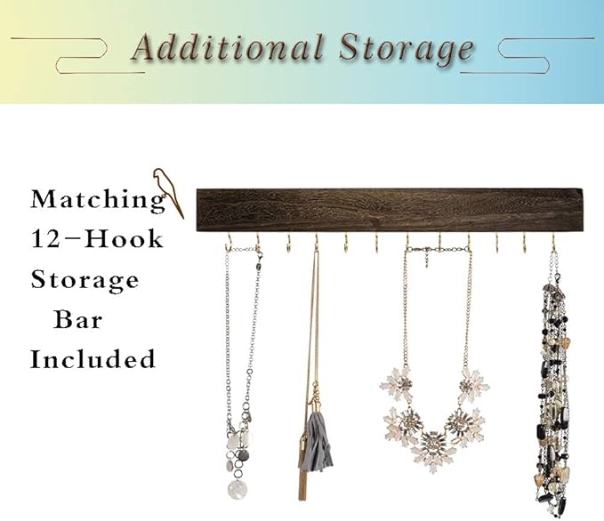 GLANT Rustic Wall Mounted Jewelry Organizer with Wooden Barndoor Decor,Wooden Wall Mount Holder,Jewelry holder for Necklaces, Earings, Bracelets, Ring Holder. Includes matching hook organizer (Rustic)