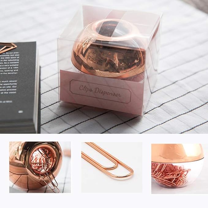 Rose Gold Magnetic Paper Clip Dispenser with 100pcs 1.1" Medium Paper Clips, Acrylic Holder for Office Decor