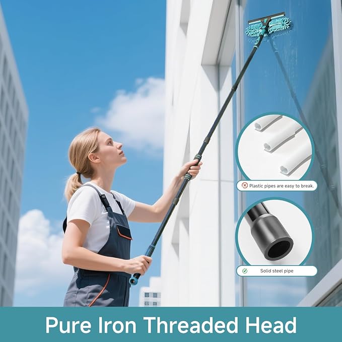 Professional 2-in-1 Window Squeegee Cleaner Tool with 62" Extension Pole, Rotatable Bendable Head & Scrubber, Car Glass Cleaning Kit for Windows, Shower, Gas Station - 1 Blade 2 Scrubber