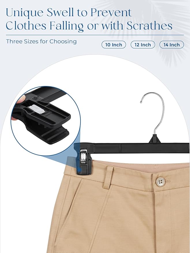 Smartor Space Saving Heavy Duty Hangers - 300 Pack, Slim Plastic Pants and Shorts Hangers, Ridged Non-Slip with Pinch Clips, 360-Rotating Chrome Swivel Hook, Black, 14 Inches