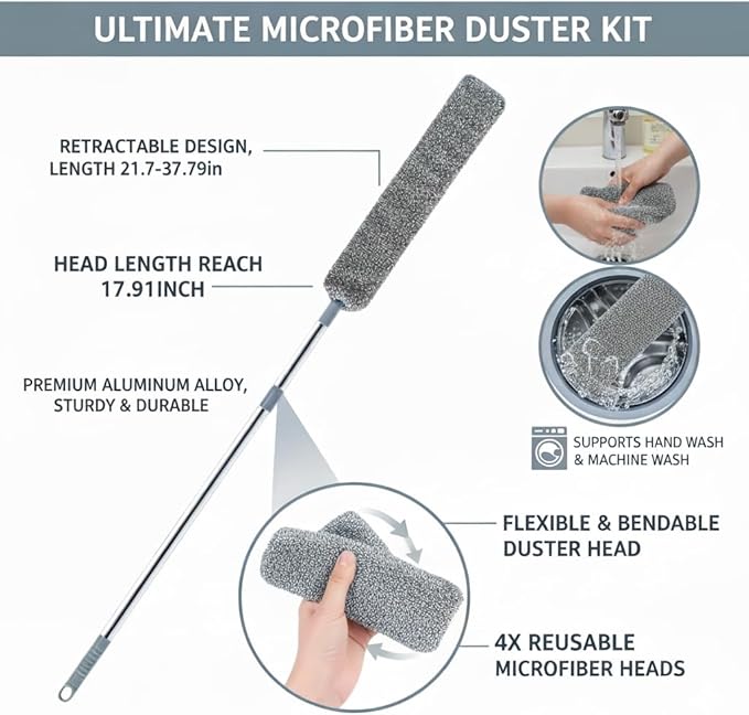 Retractable Gap Dust Cleaner - Ultra-Thin Flexible Duster with 4 Washable Microfiber Pads, Extendable Pole for Under Refrigerator, Blinds, Appliances, and Hard-to-Reach Areas Cleaning Tool