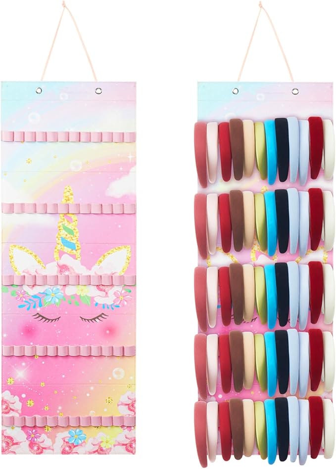 Tudomro Hanging Headband Holder for Girls Felt Hair Accessories Organizer with 60 Elastic Bands Bow Hanger Hair Bows Without Headbands(Unicorn,Pink)