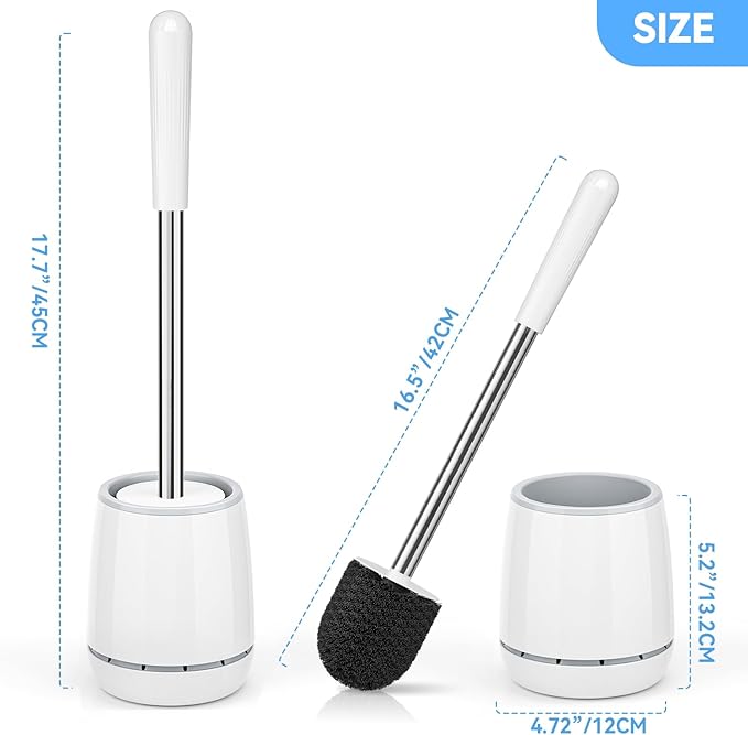 Toilet Brush, Toilet Brush and Holder with 304 Stainless Steel Handle, Space Saving Toilet Bowl Brush for Storage, Durable Bristles Toilet Scrubber for Bathroom Cleaning (2, White)