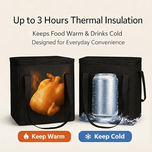 musbus 2-Pack, XL-Large Insulated Grocery shopping bags, Black, reusable bag,thermal zipper,Collapsible,tote,cooler,food transport hot and cold,camping, delivery groceries freezer