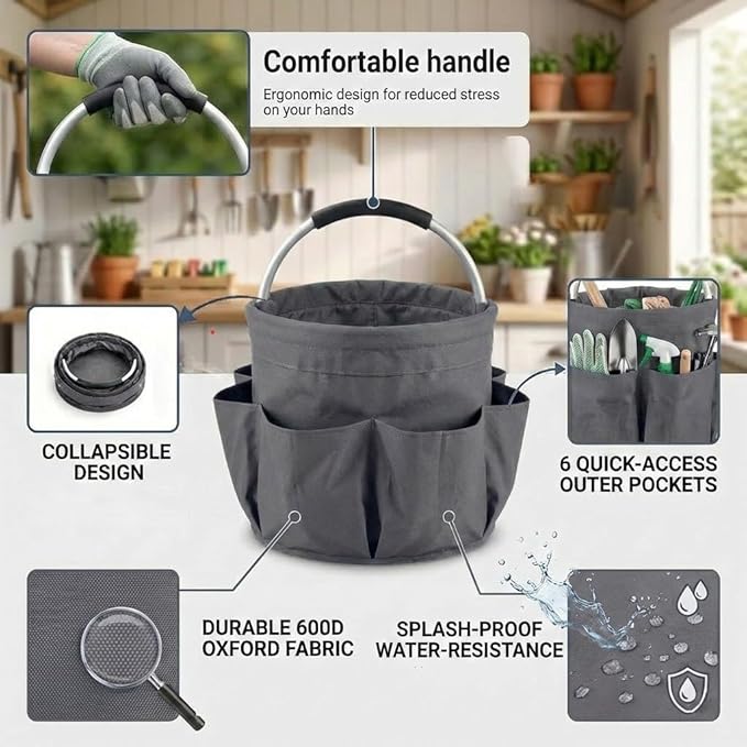 Multifunctional 17L Cleaning Caddy,Foldable 600D Organizer Bag with EVA Grip and 6 Pockets,Portable Storage Tote for Housekeeping,Car Detailing,Garden,Bathroom and Dorm (gray)