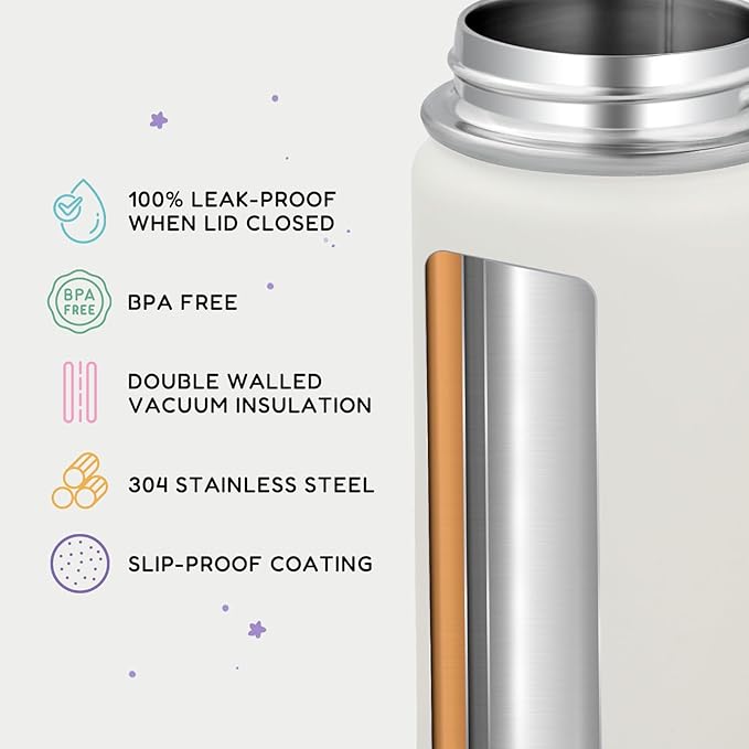 12oz Water Bottle for School, Bottles with Straws, Stainless Steel Vacuum Insulated Water Bottle, Leak-Proof, BPA-Free, Gentle Purple + Luck