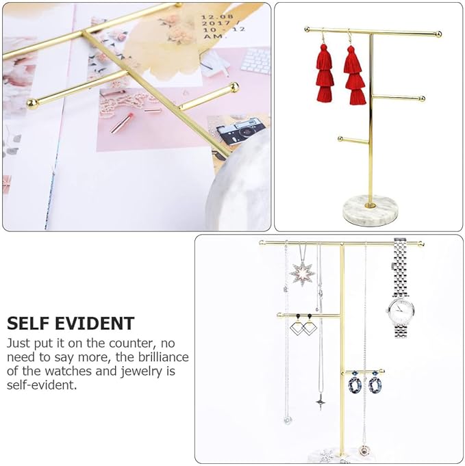 PRETYZOOM Gold Marble Jewelry Display Stand 18.5x10x26cm, Iron Jewelry Organizer Rack with Watch Storage Holder for Earrings Bracelets Necklaces, Scandinavian Style Accessory Organizer